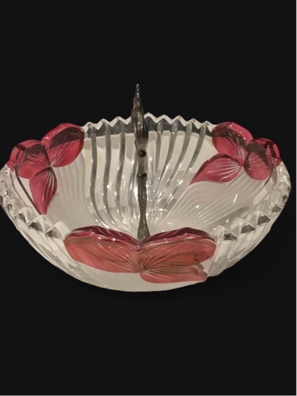 Vintage Anna Hutte Red Floral Crystal Bowl with Handle